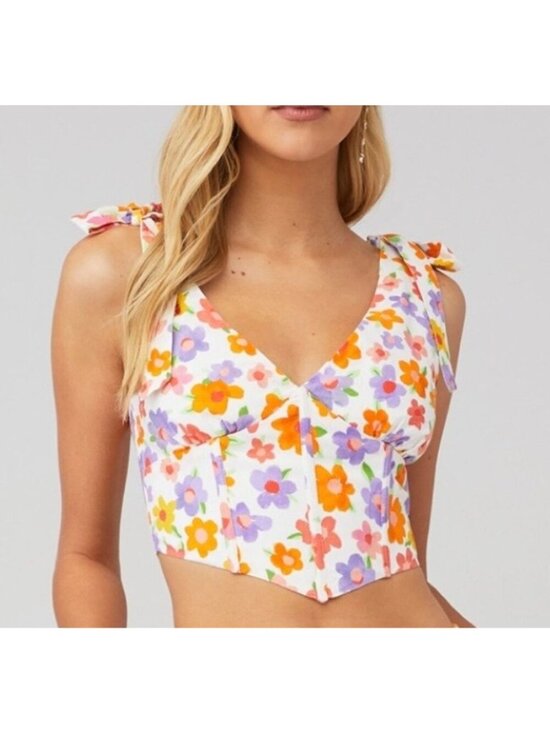 Peppermayo Tops - Peppermayo x Revolve Womens Floral Linen Bustier Tie Top Size 12 White SP NWT